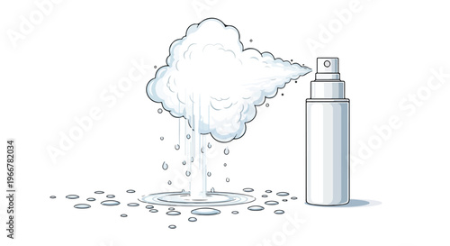 Minimal line art aerosol spray can and cloud burst, black and white outline vector illustration for hygiene, deodorant, air freshener branding