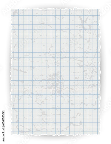 Crumpled grid paper sheet, isolated on white background. Vector illustration.

