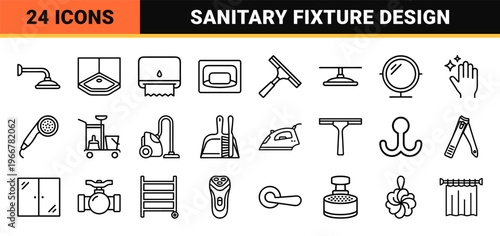 Sanitary Equipment and Bathroom Fixtures Minimalist Monoline Geometric Line Art for Commercial Interior Design and Plumbing Utility