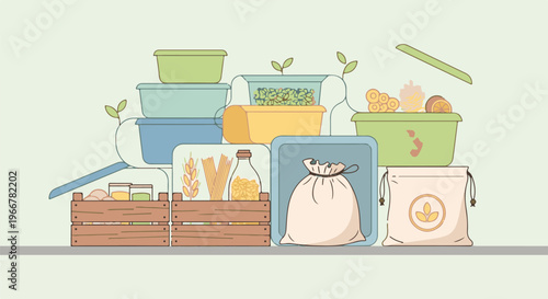 Assortment of food items and containers, organized for storage