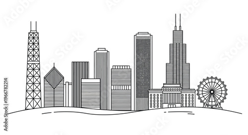 Minimalist black and white line art illustration of a modern city skyline