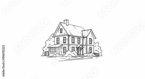 Detailed line drawing of a two-story house with surrounding trees and foliage