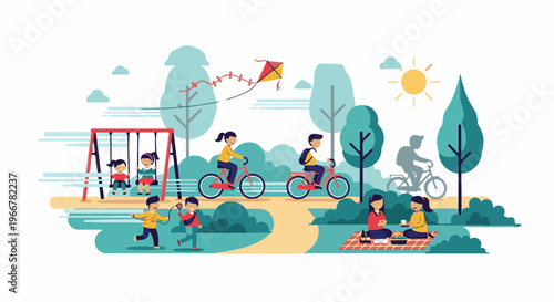 Diverse group enjoys outdoor activities including cycling, swinging, playing, and picnicking