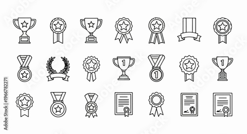Award icons trophies, medals, ribbons, certificates, and laurel wreath