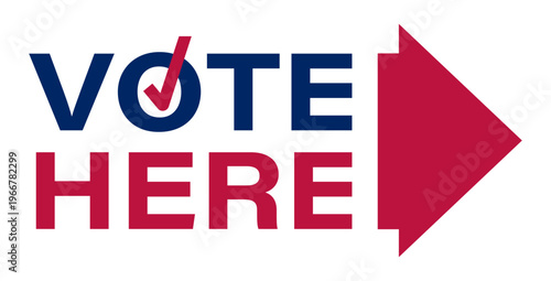 Isometric a vote here sign with a red arrow pointing to it. Cartoon 3D vector on blue background