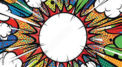 Retro comic book explosion speech bubble vector, pop art halftone starburst frame in red yellow blue with clouds for poster banner promo design