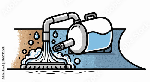 Cartoon illustration of a carpet cleaning machine spraying water and soap