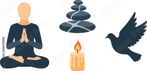 A stylized person sits in a meditation pose next to a stack of balanced stones, a burning candle, and a silhouette of a flying bird.