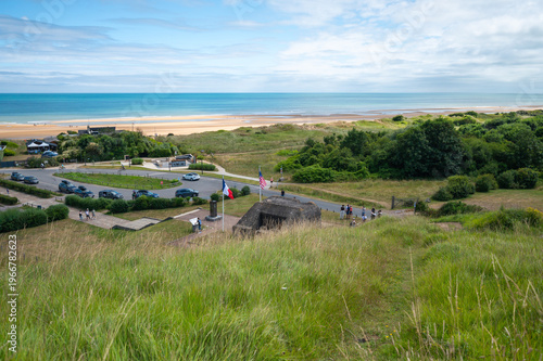 Aerial view of Utah Beach memorial site and dunes Normandy