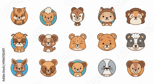 Collection of fifteen cute, cartoonish animal faces and portraits