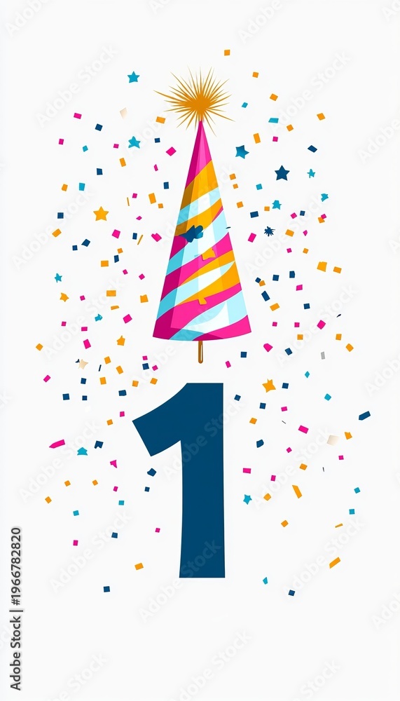 Fototapeta premium Cute Birthday Card Featuring a Brightly Colored Number One Decorated with Festive Confetti Design