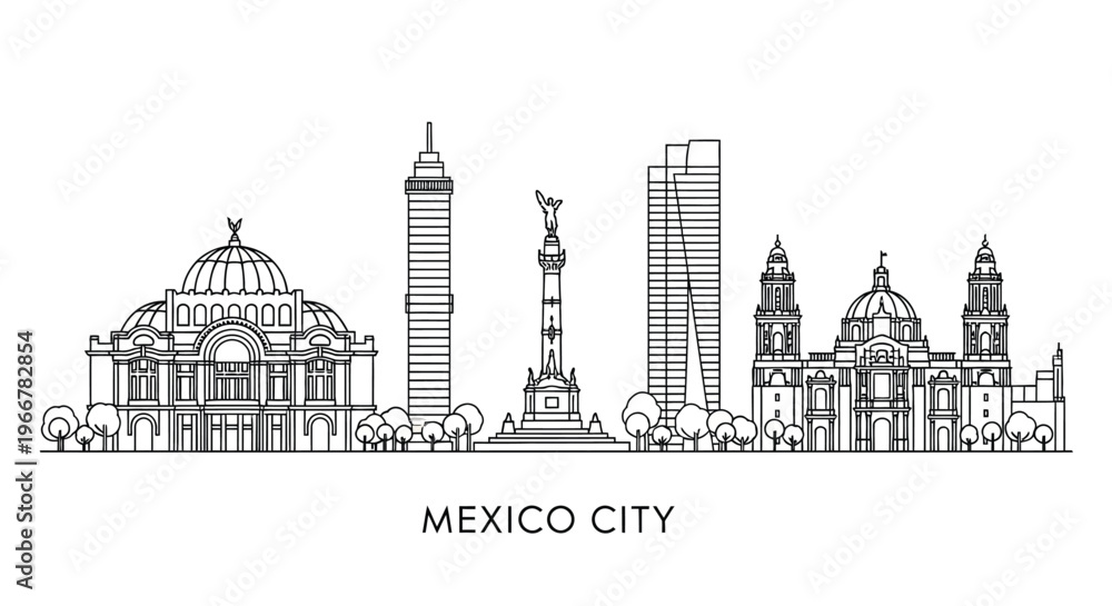 Obraz premium Outline drawing showcasing key architectural landmarks of Mexico City skyline