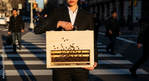 Businesswoman whose briefcase is a live beehive