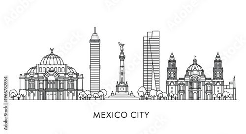 Outline drawing showcasing key architectural landmarks of Mexico City skyline
