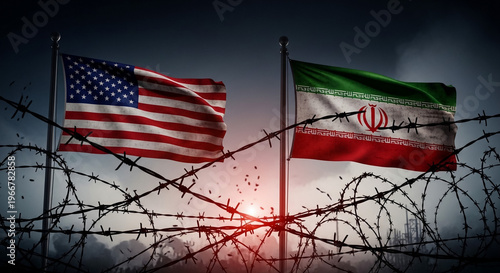 American and Iranian Flags with Barbed Wire at Sunset