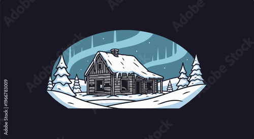 Rustic log cabin nestled in a snowy winter landscape under aurora borealis