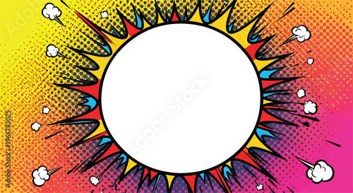 Pop art comic explosion frame vector, colorful halftone burst with blank white circle copy space, retro cartoon speech bubble banner