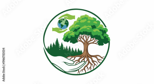 Hands cradle earth and tree within circular forest emblem