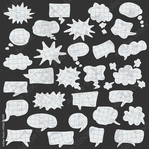Crumpled grid paper speech bubbles, isolated on background. Vector illustrations set.