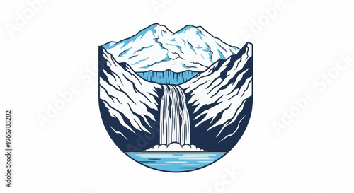Emblem depicts snowy mountains and a cascading waterfall into a pool