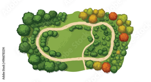 Cartoon park map vector illustration, top view green garden layout with paths and trees, landscape plan icon for city map, game level design