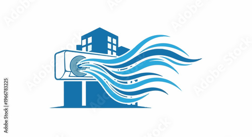 Blue abstract waves flow from air conditioner unit against building silhouette