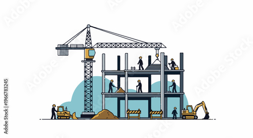 Building construction with workers, crane, excavators, and safety barriers