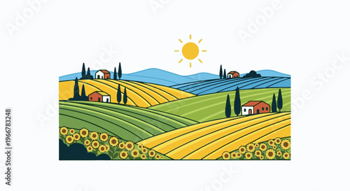 Rolling hills, fields of sunflowers, and homes under a bright sun