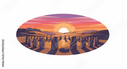 Pixelated stone circle bathed in the warm glow of a vibrant sunset
