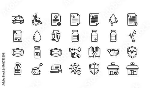 Healthcare and medical line icons collection with hospital equipment and safety symbols editable stroke vector