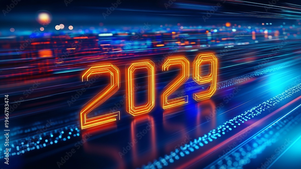 Fototapeta premium Futuristic Digital Date Displaying Year 2029 with Motion Blur on Abstract Technology Background