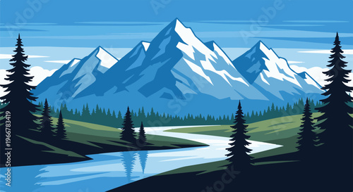 Pixelated mountain range with a winding river and evergreen trees