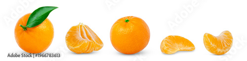 Canvastavla Set of juicy clementines, whole tangerine, peeled mandarin, without peel, slice of clementine isolated on a white background