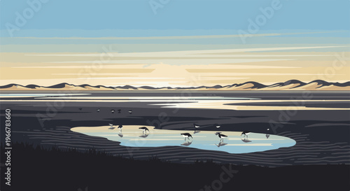 Pixel art landscape of a tranquil tidal flat with birds foraging at dawn
