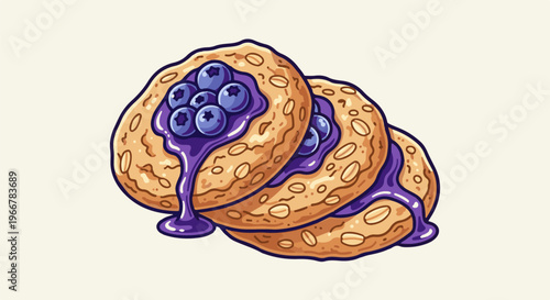 Pixel art illustration of three oatmeal cookies topped with blueberry jam