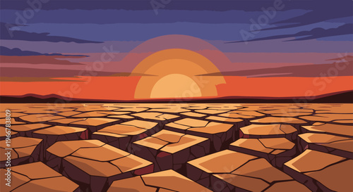 Pixel art of a barren, cracked earth landscape under a dramatic sunset