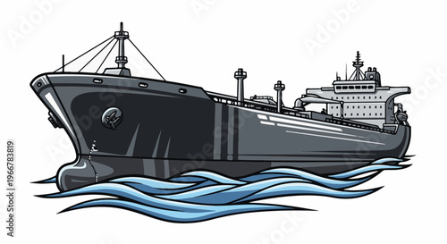 Large cargo ship with tankers and a tall superstructure sails on wavy blue water