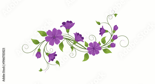 Decorative purple floral vine with green leaves and curling tendrils