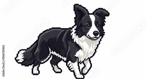 Pixel art border collie dog walking, black and white