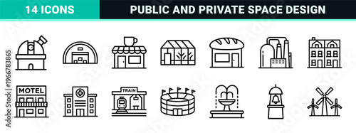Architecture and Urban Infrastructure Geometric Line Art Featuring Minimalist City Buildings Real Estate and Public Structure Outline Graphics