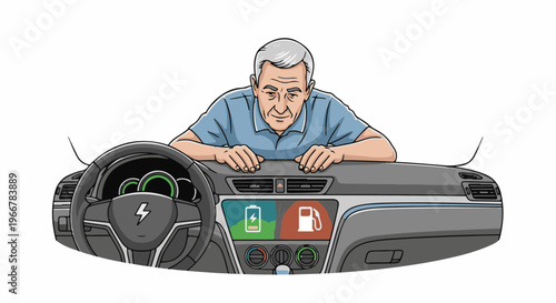 Elderly man leans on car dashboard showing electric charge and fuel gauges