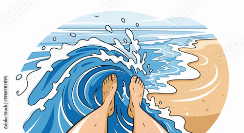 Perspective of bare feet in breaking ocean wave on a sandy beach