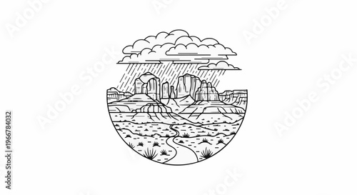 Monochromatic desert landscape scene under stormy skies with rain