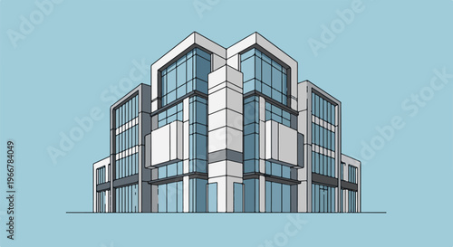 Modern, geometric building with glass facade against light blue sky