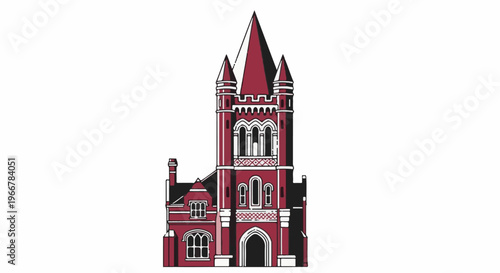 Gothic style brick building with pointed turrets and arched windows