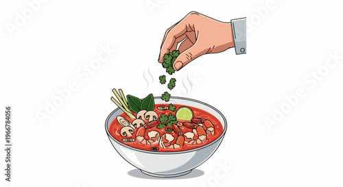 Hand garnishing a steaming bowl of spicy shrimp soup with herbs and lime
