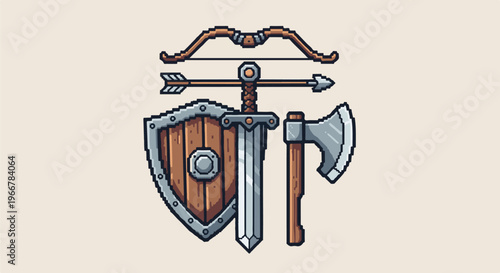 Pixel art medieval weapons shield, sword, axe, bow, and arrow set