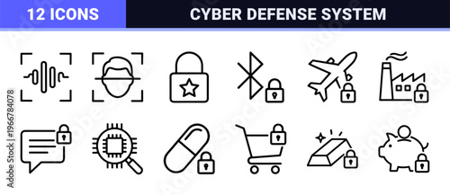 Cyber Security and Data Protection Minimalist Geometric Line Art Icon Set for Professional Web Interfaces and Secure Mobile Applications