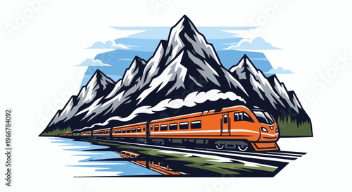 Orange train travels past majestic mountains reflected in water