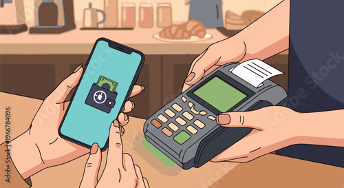 Hand holding smartphone for payment next to card reader